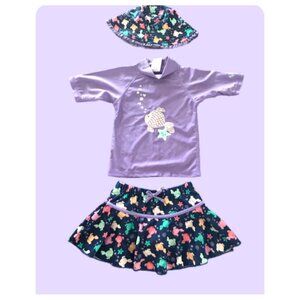 Toddler Girls Purple Rash Guard Set With Skirt & Hat Sea Turtle Print